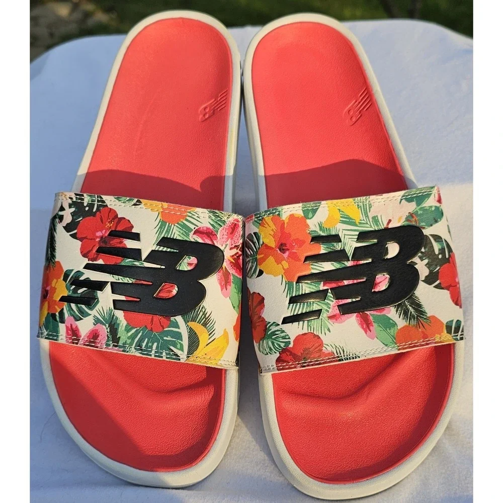 New Balance 200 V1 Women's Size 12 Slide Sandal Floral Logo Print White Slip On - Picture 2 of 11